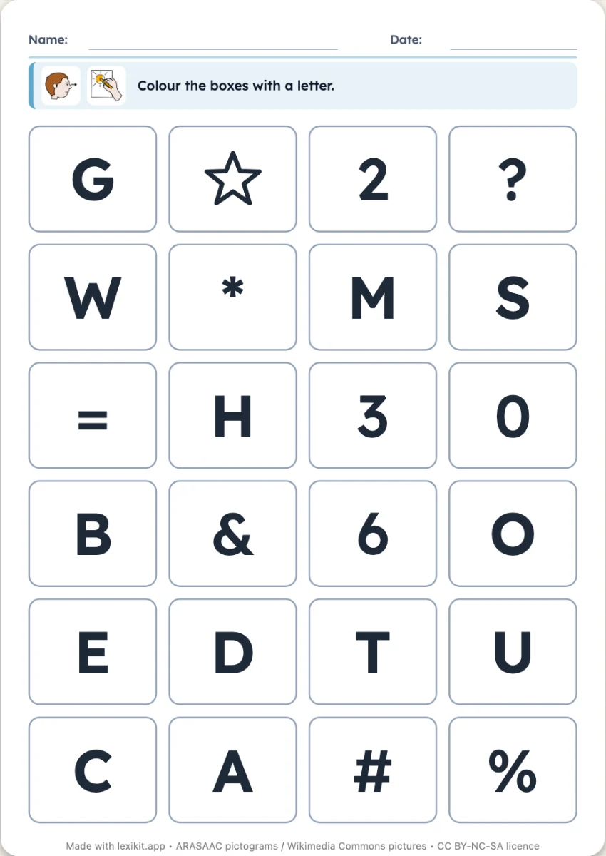 Grid of letters, digits and shapes where the child colours the letters