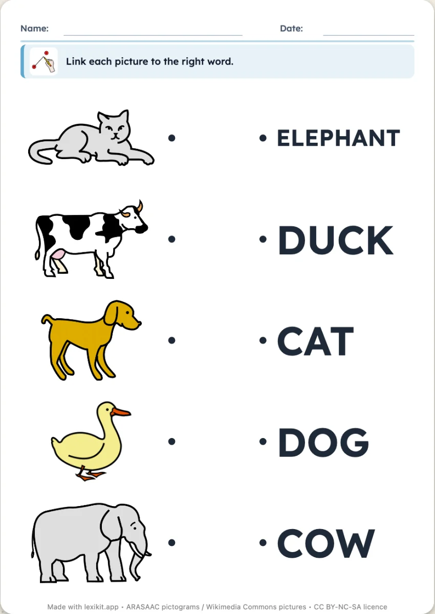 Worksheet where pictures are to be linked to their words