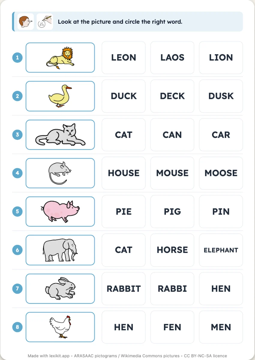 Worksheet where each picture's word is to be circled among look-alike words