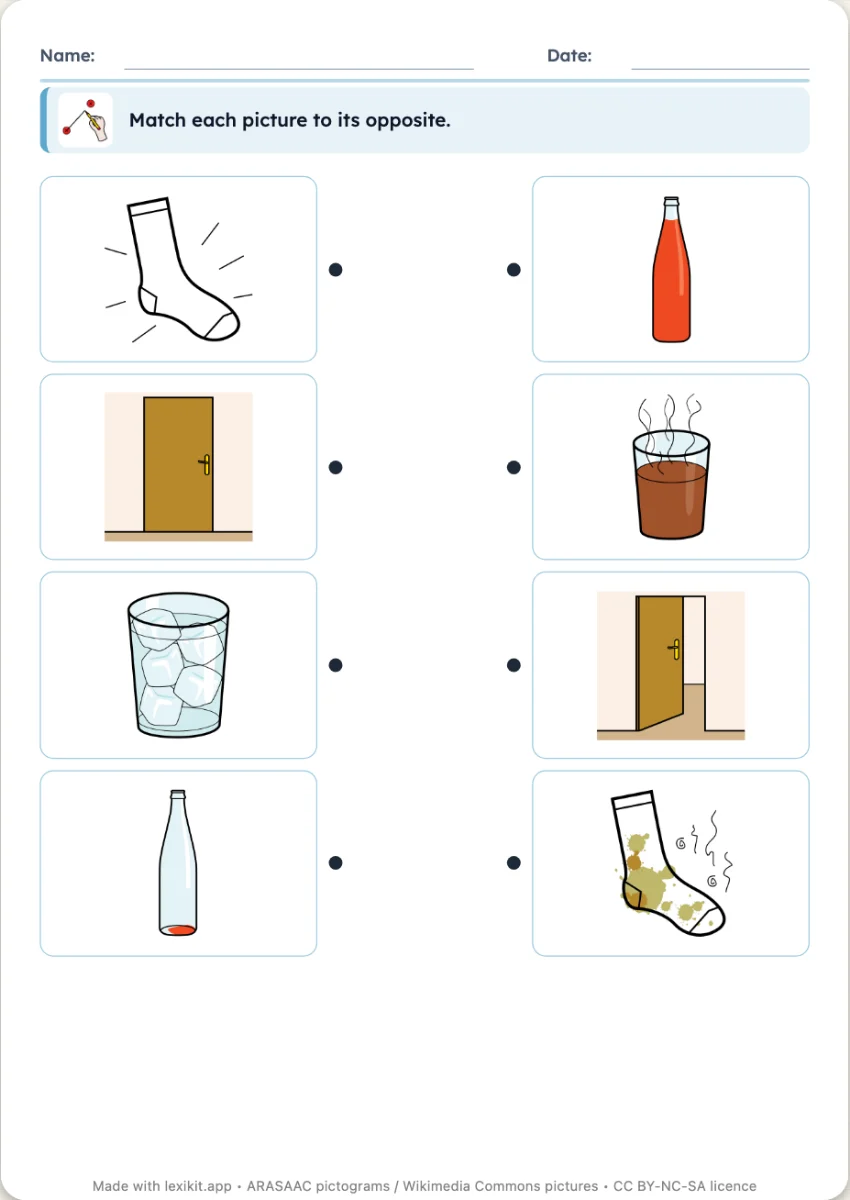 Worksheet with pictures to match to their opposite: hot and cold, full and empty