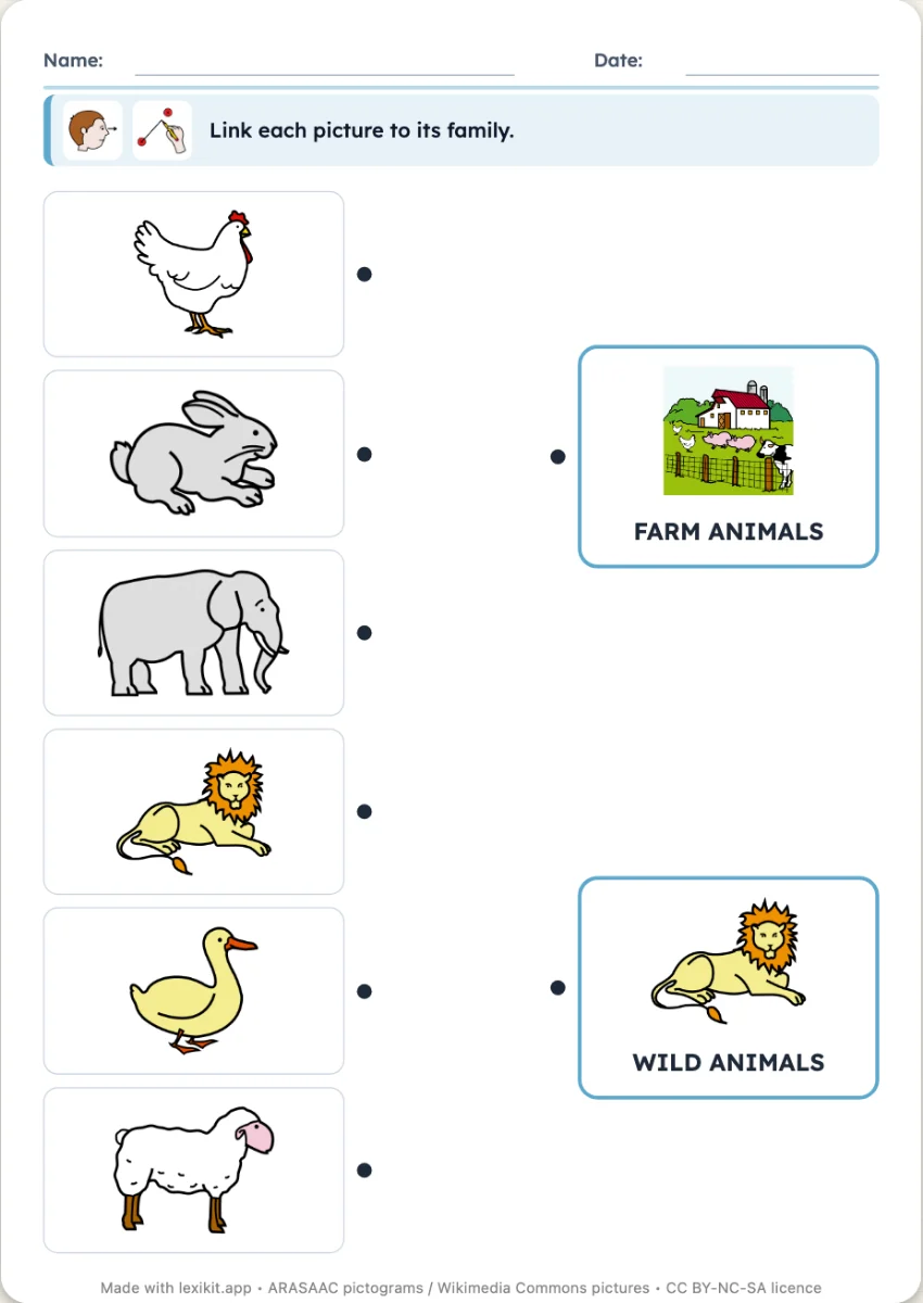 Worksheet where each picture is to be linked to the box of its family