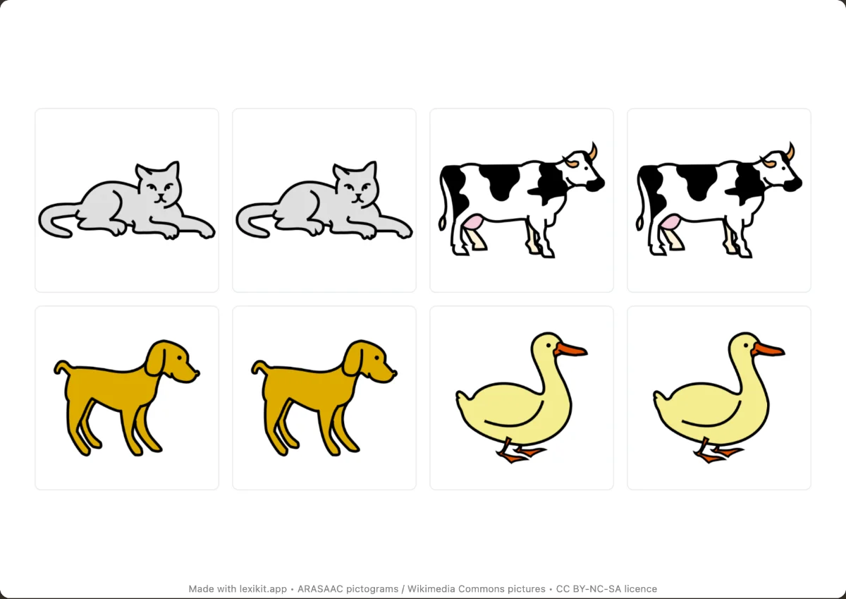 Memory game page with pairs of animal cards