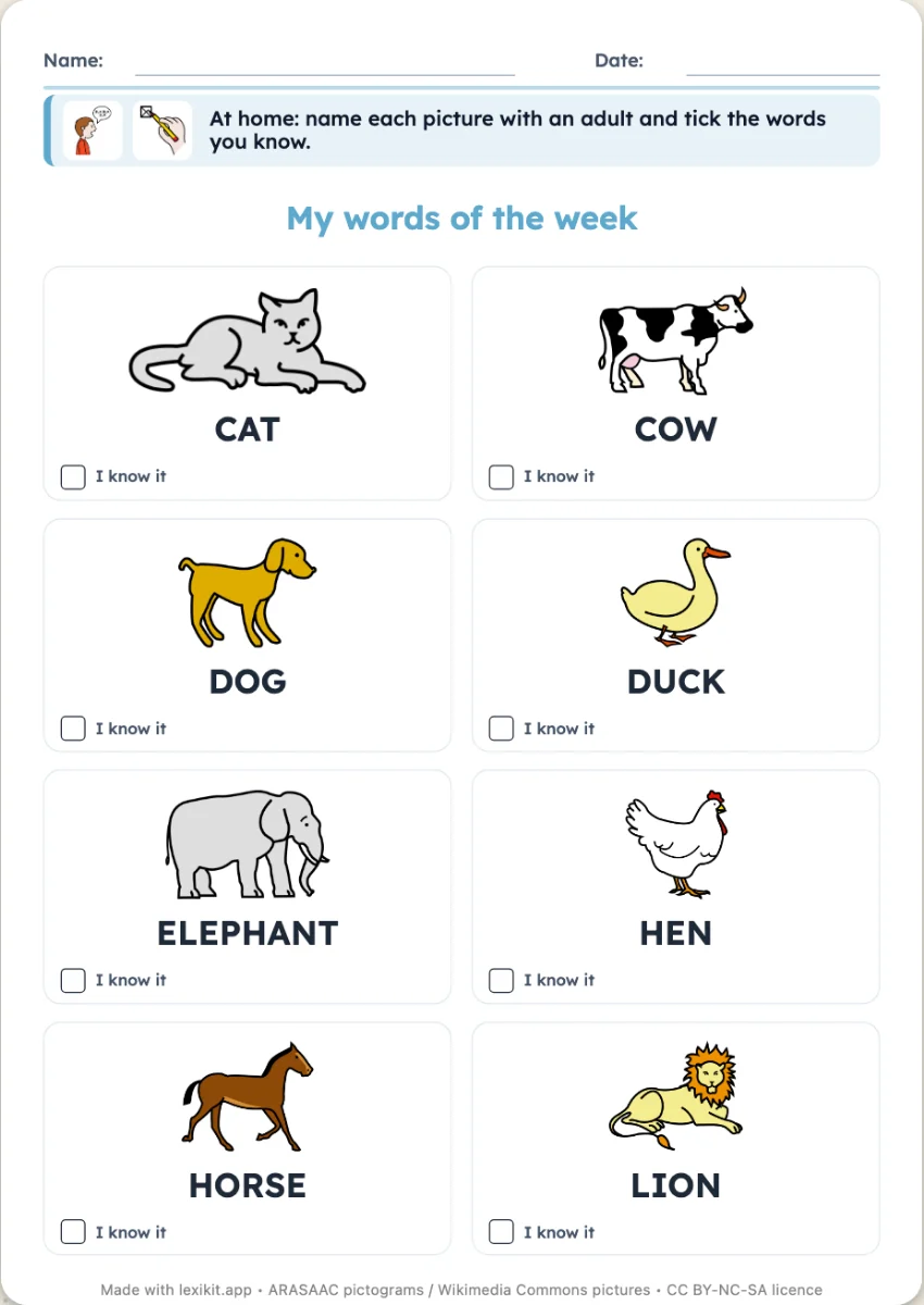 “My words of the week” page with pictures, words and boxes to tick