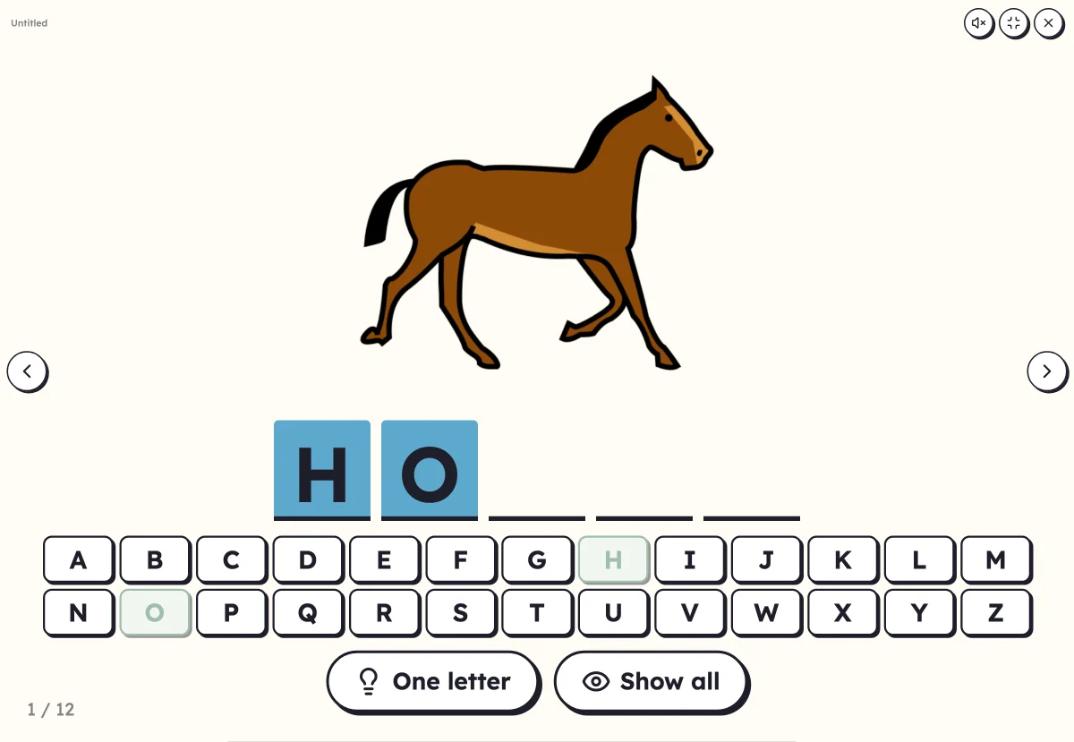Mystery word on screen: the boxes of a word to fill in, the alphabet and the picture of an animal