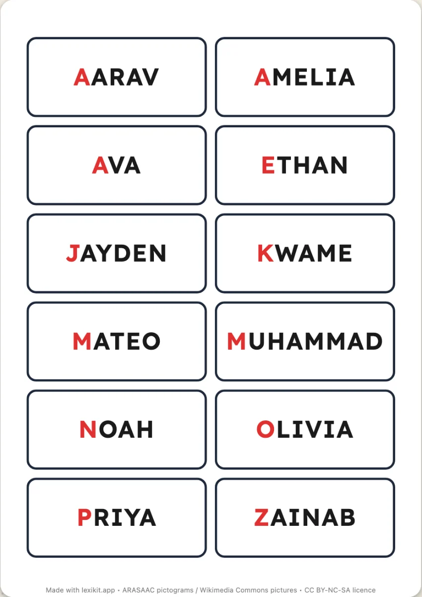Name labels ready to cut out, with the initial in colour