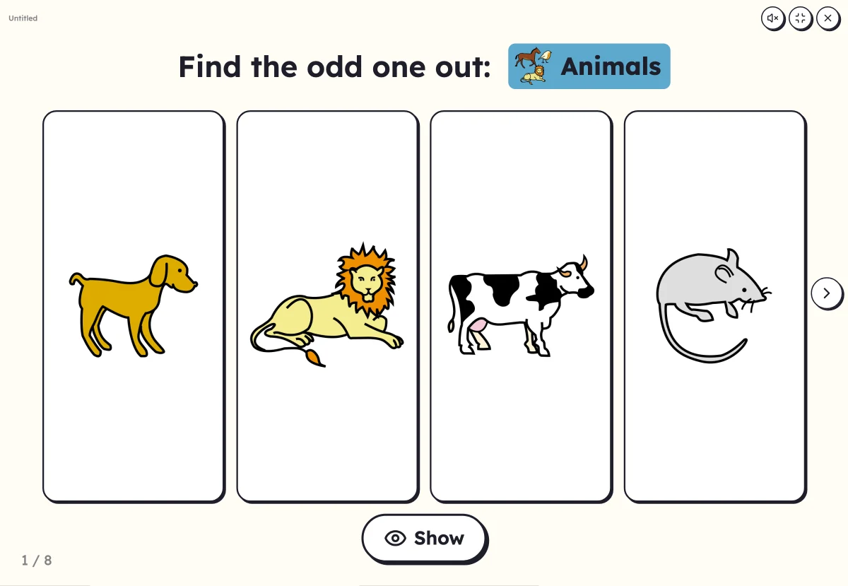 Odd one out on screen: four pictures, three animals and a fruit