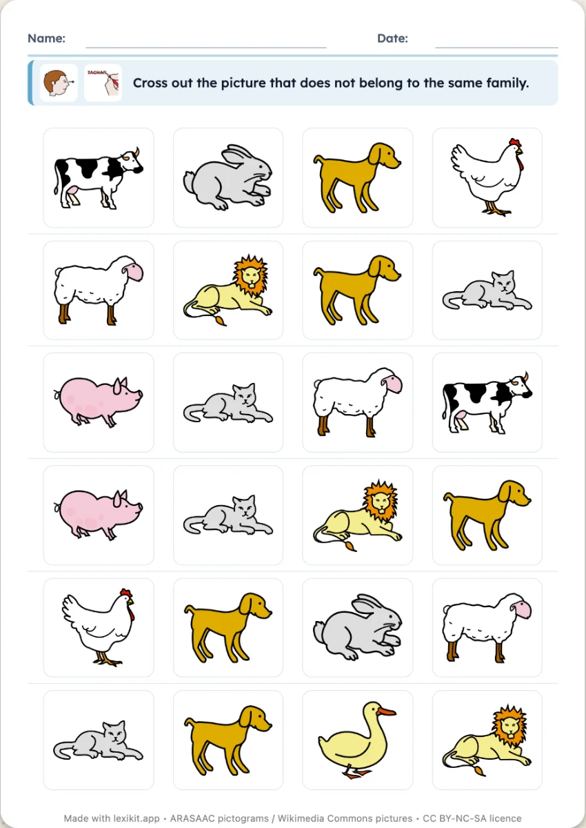 Worksheet where the odd one out on each row of pictures is to be crossed out