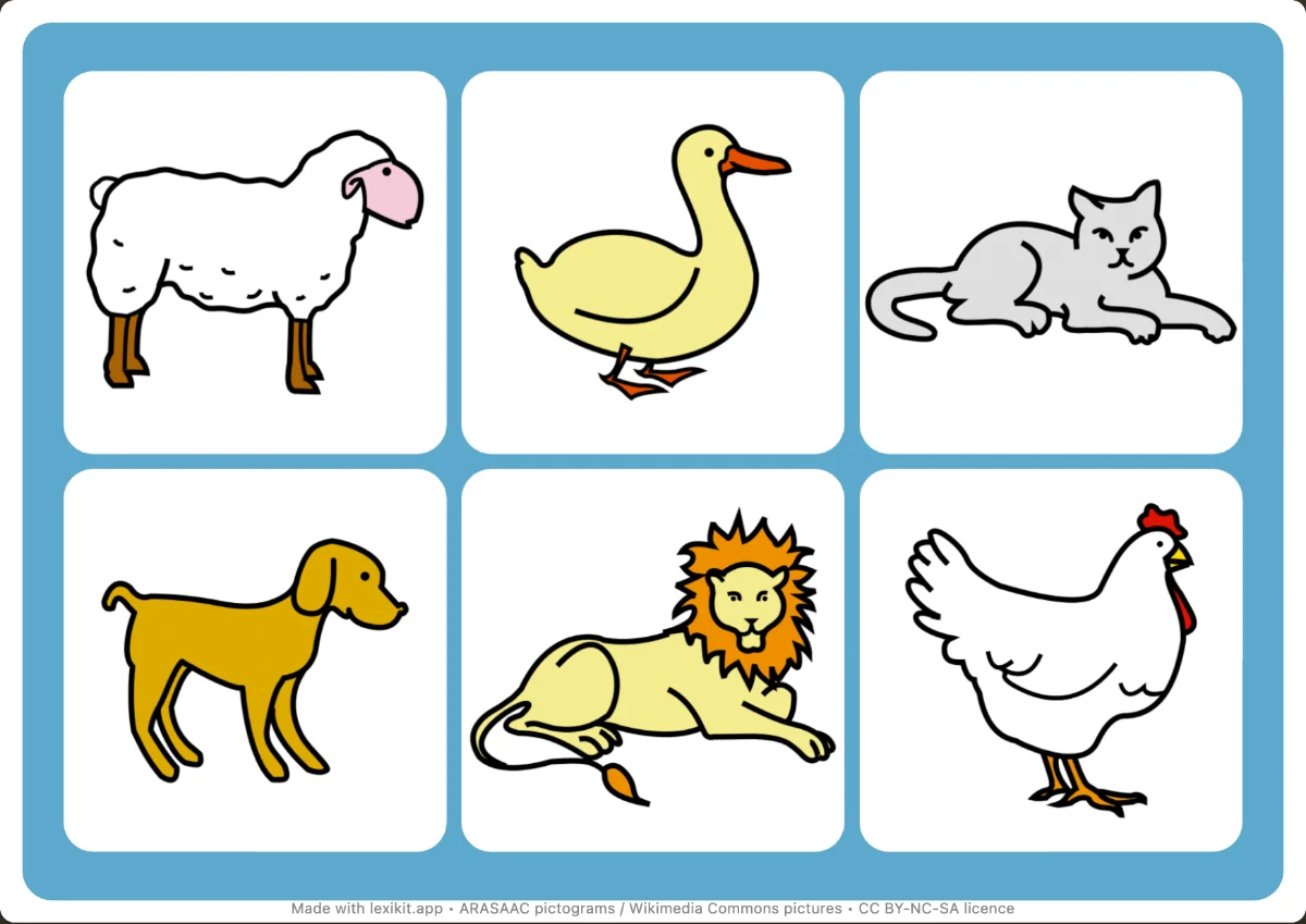 Illustrated bingo board with animals: cat, dog, rabbit, cow