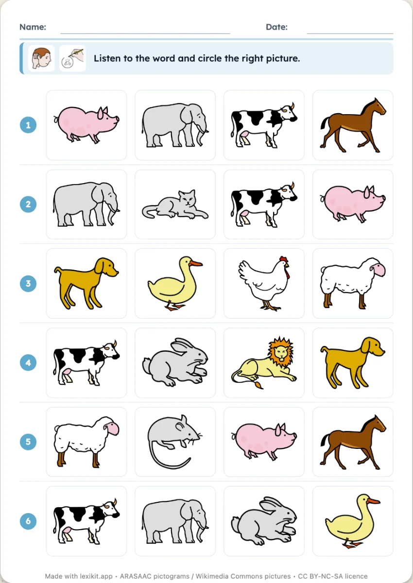 Picture dictation worksheet with several pictures per row