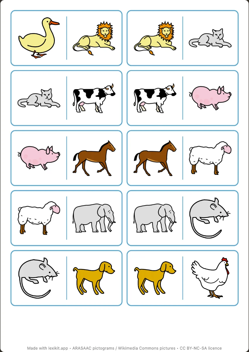 Sheet of dominoes illustrated with animals, ready to cut out