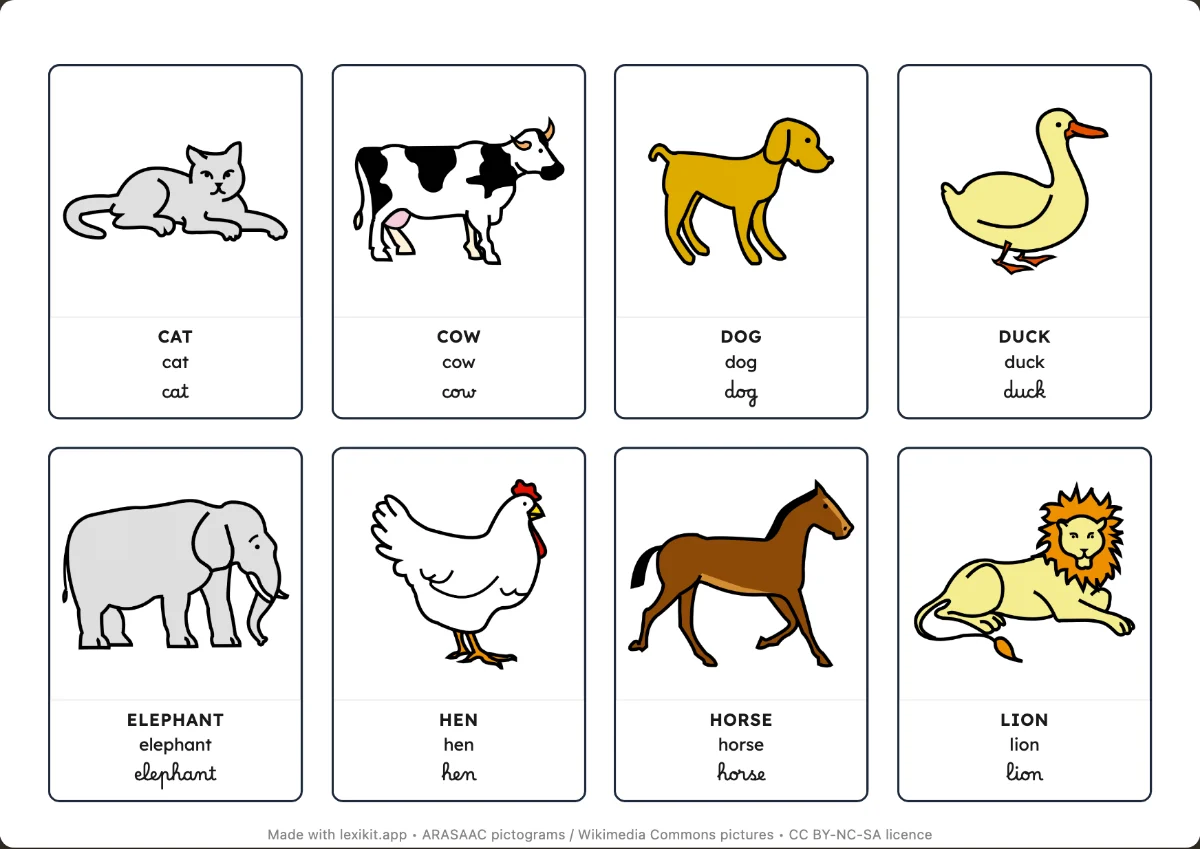 Sheet of animal picture cards with their words