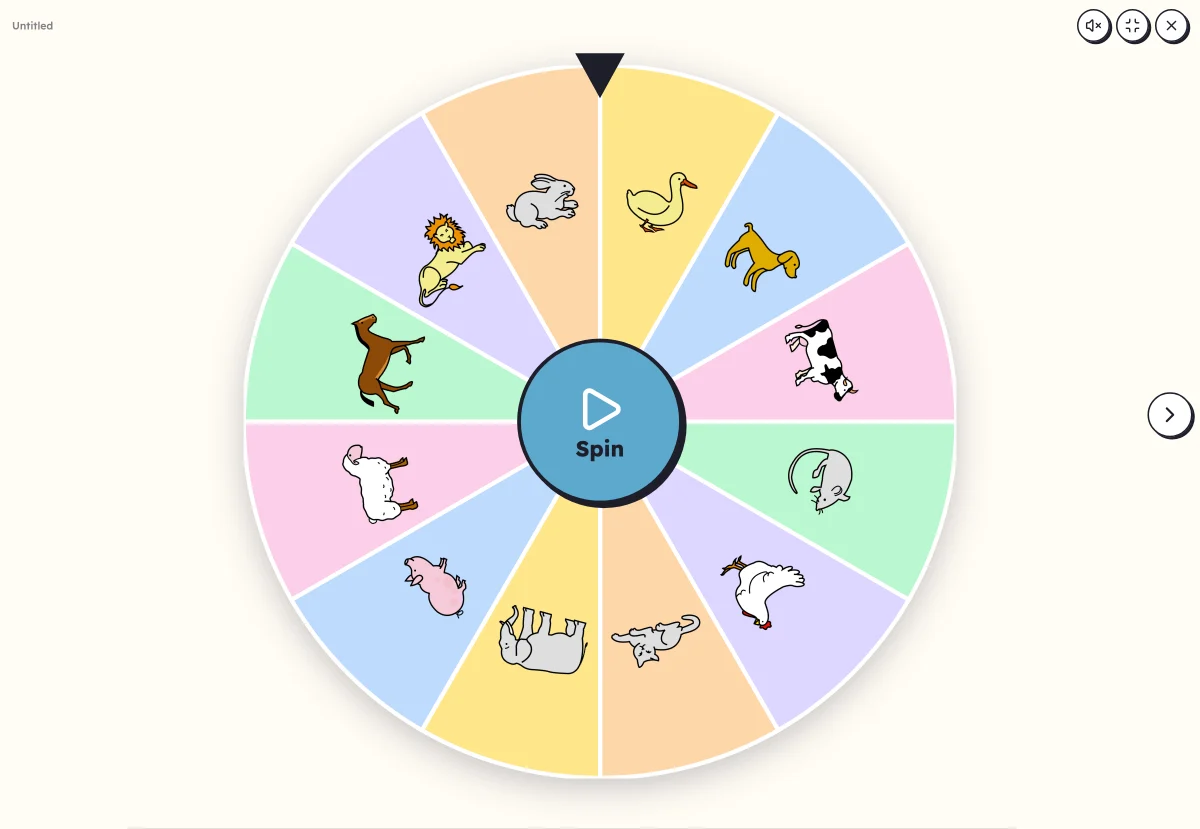 Picture wheel on screen: twelve animals on a wheel to spin