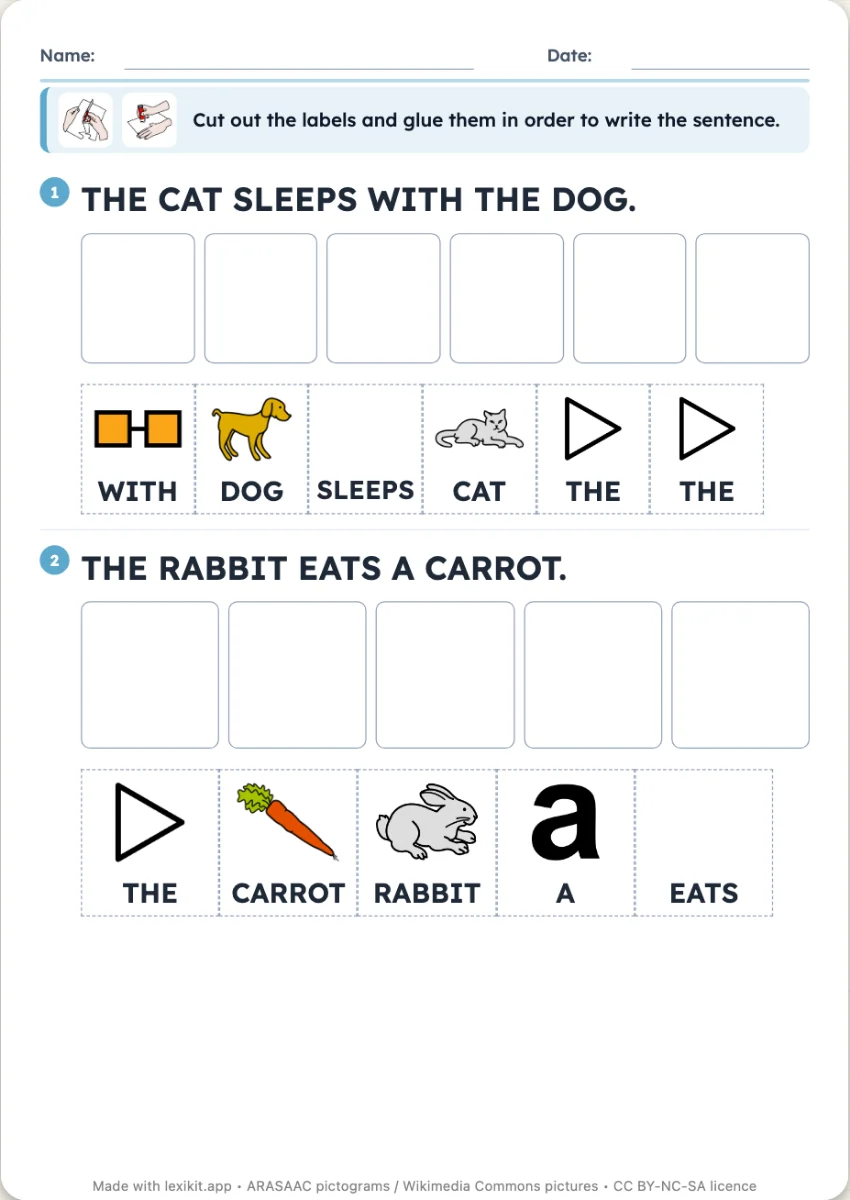 Sentence worksheet: mixed-up words to cut out and glue in order