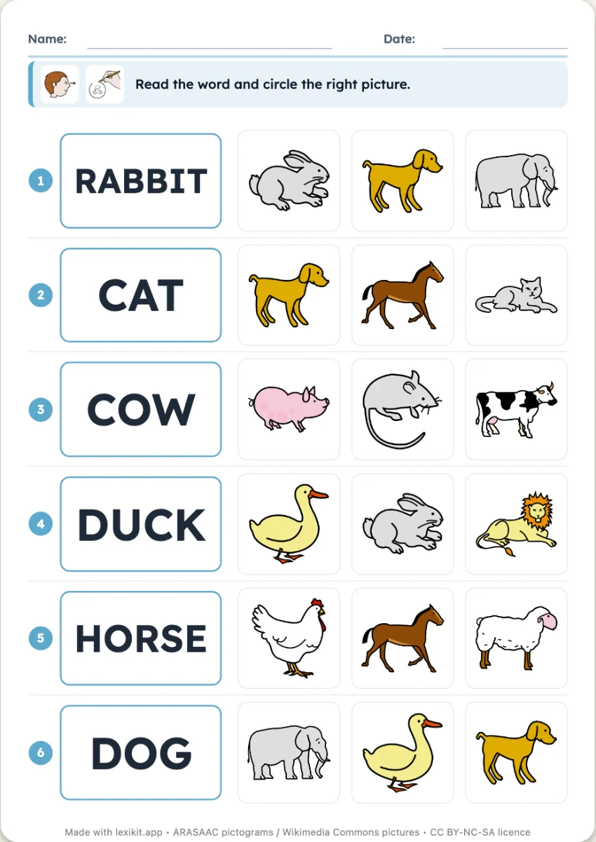 Worksheet where each written word is matched to its picture among several