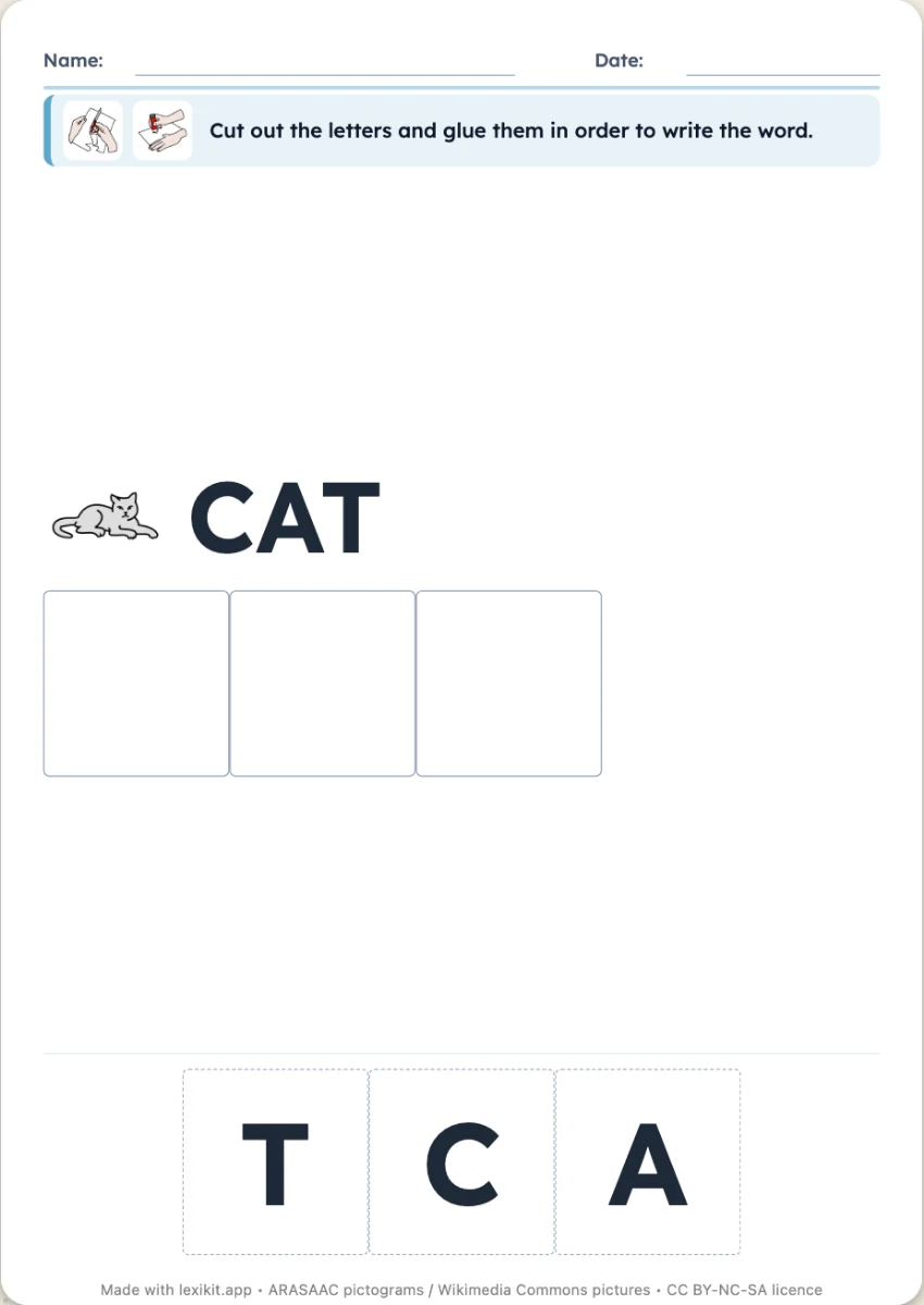 Worksheet where the letters of a word are to be cut out and stuck in boxes