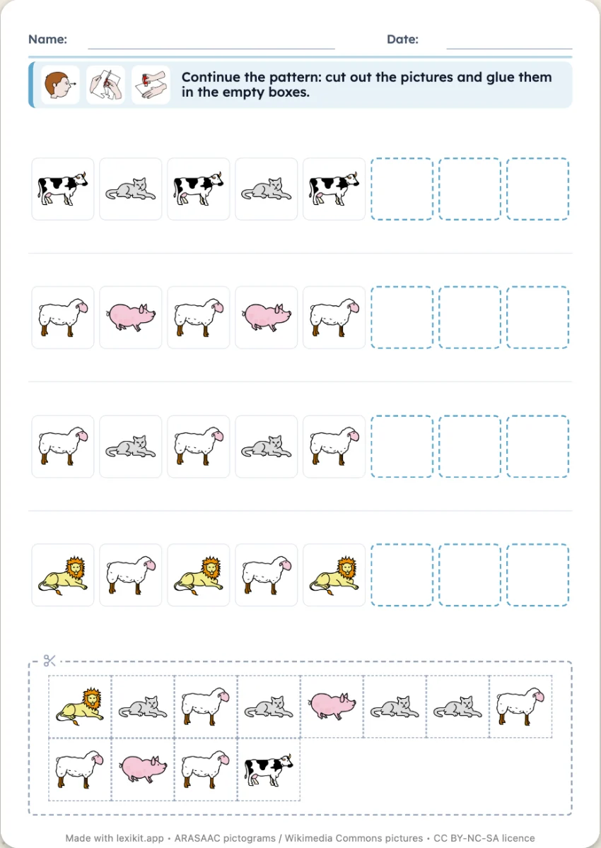 Worksheet of picture strips to continue