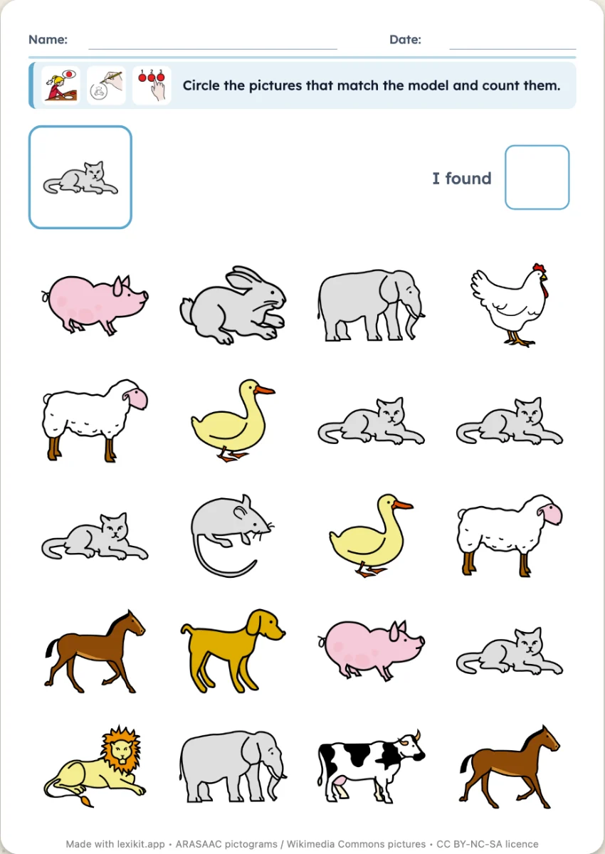Grid of pictures where a model picture is to be found and circled
