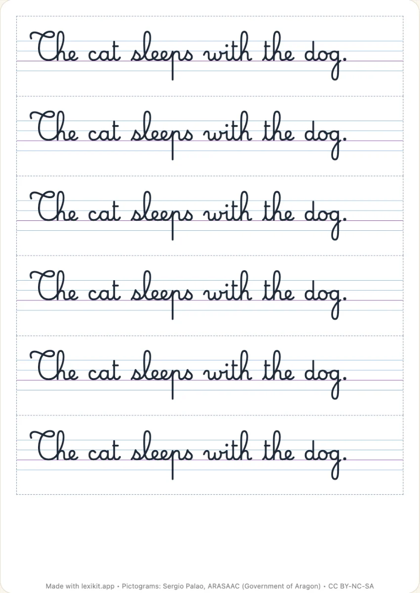 A page of handwriting models: the same sentence on a ruling, in strips to cut out
