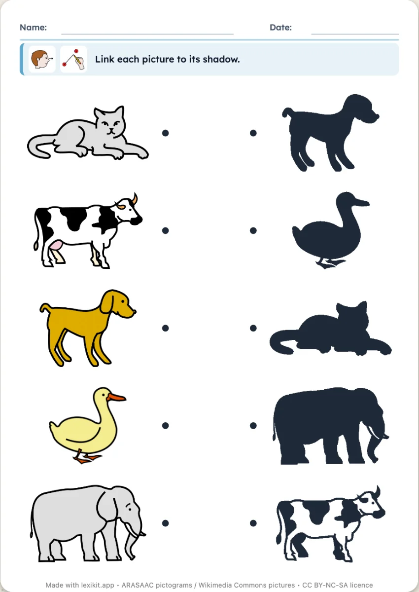 Worksheet where pictures are to be linked to their black silhouettes