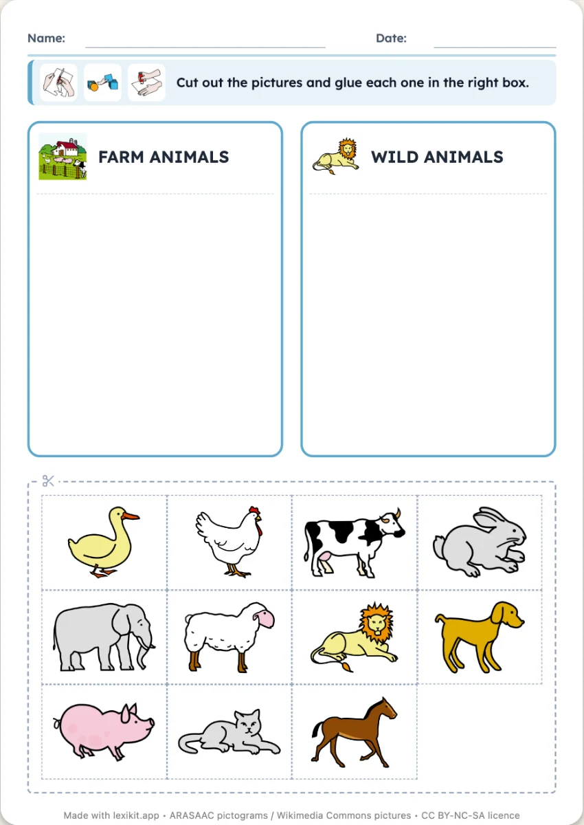 Worksheet with two family boxes at the top and the pictures to cut out below