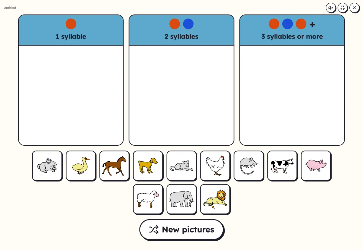 Sorting into columns on screen: animals to drag by their number of syllables