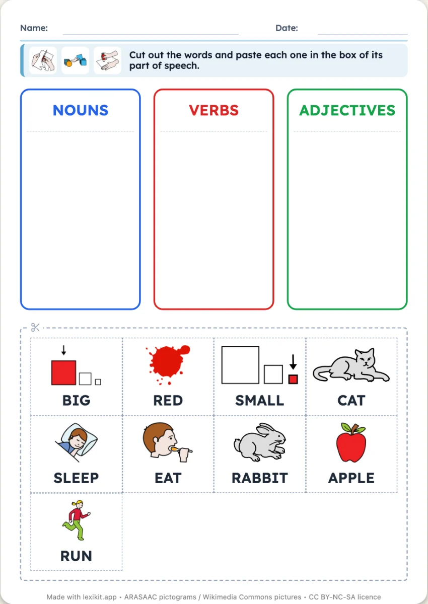 Worksheet with the boxes of the nouns, verbs and adjectives and the word labels to cut out