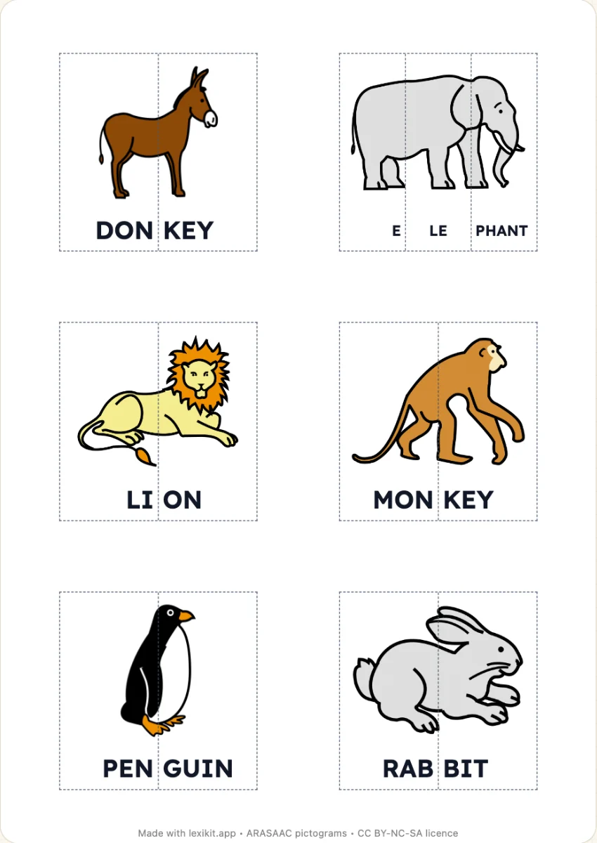 Square puzzles cut into strips, a syllable written at the foot of each strip