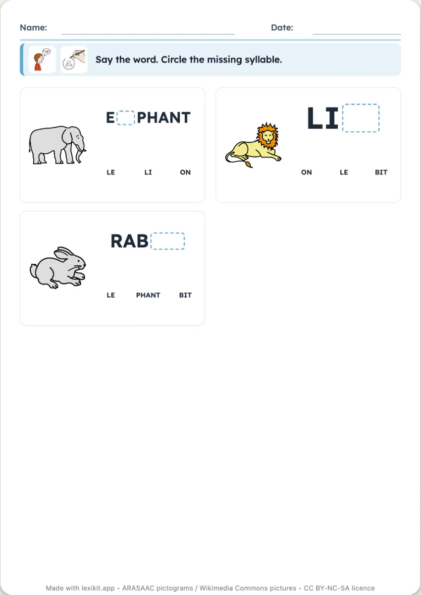 Worksheet where each word has a missing syllable to circle among several