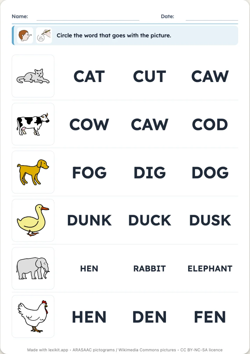 Worksheet where each picture's word is to be circled among close words