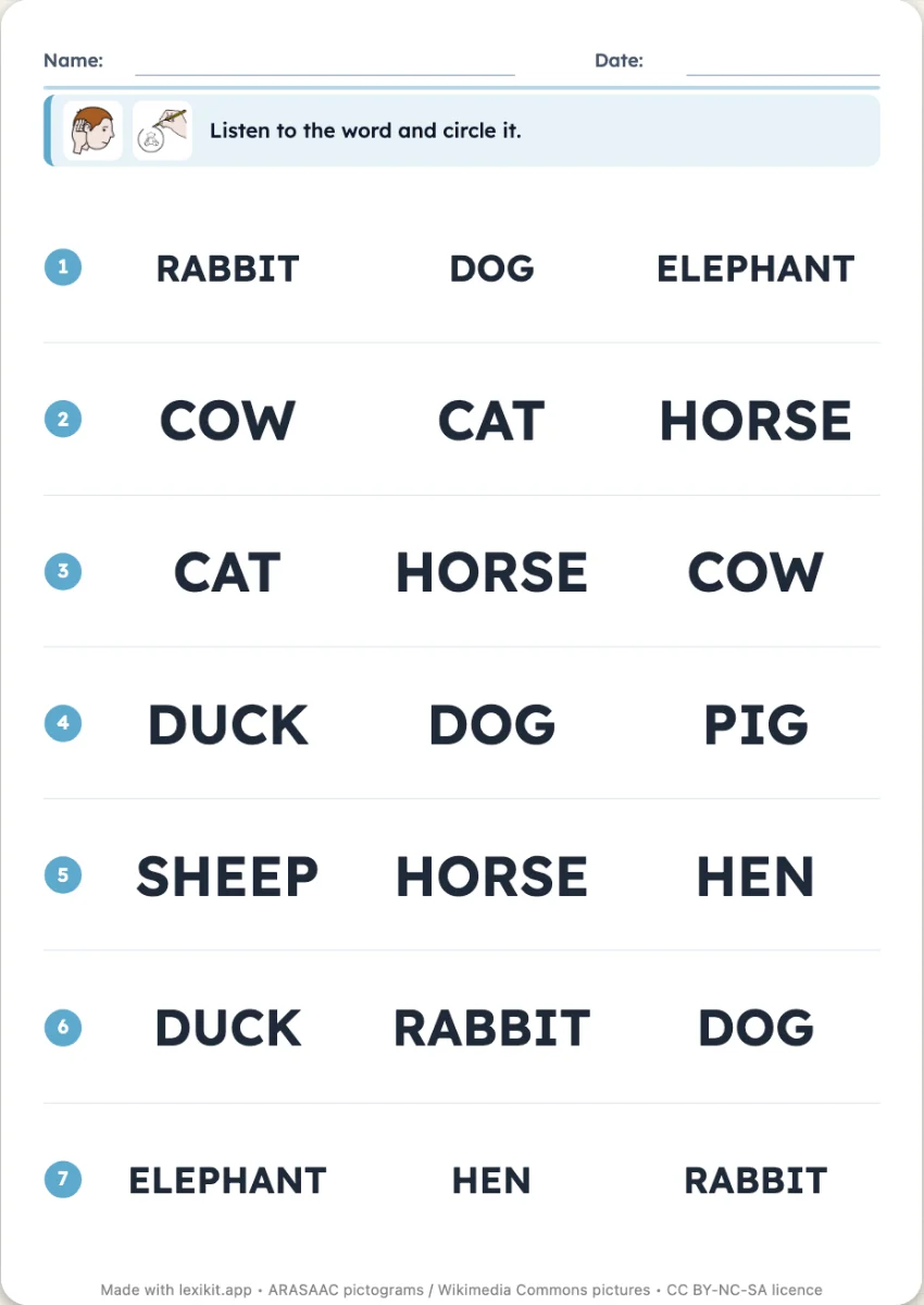Worksheet of numbered lines where the word heard is to be circled