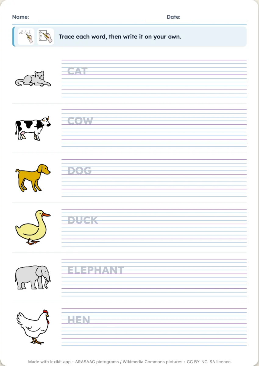 Worksheet of words to trace with pictures and Seyès lines