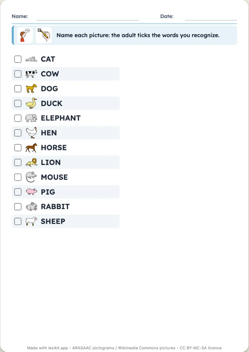 Assessment grid with one word and tick boxes per row