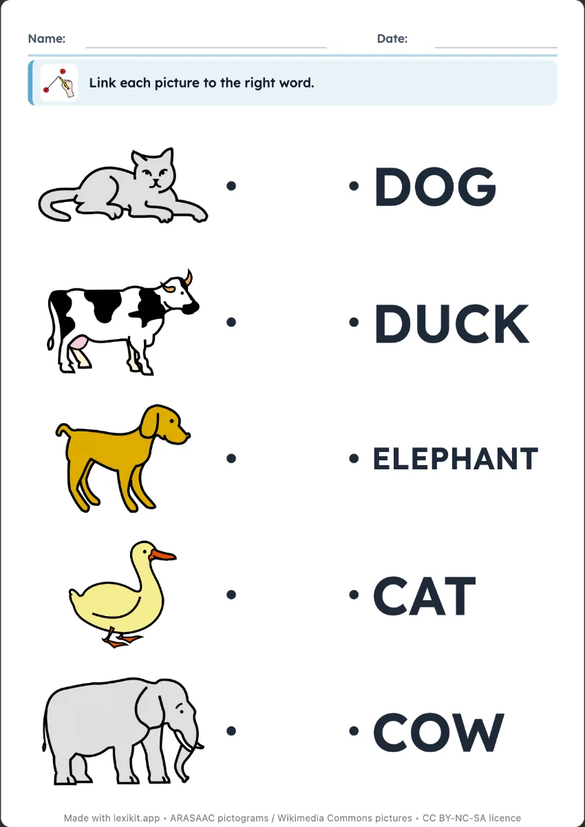 Worksheet: link each picture to its word
