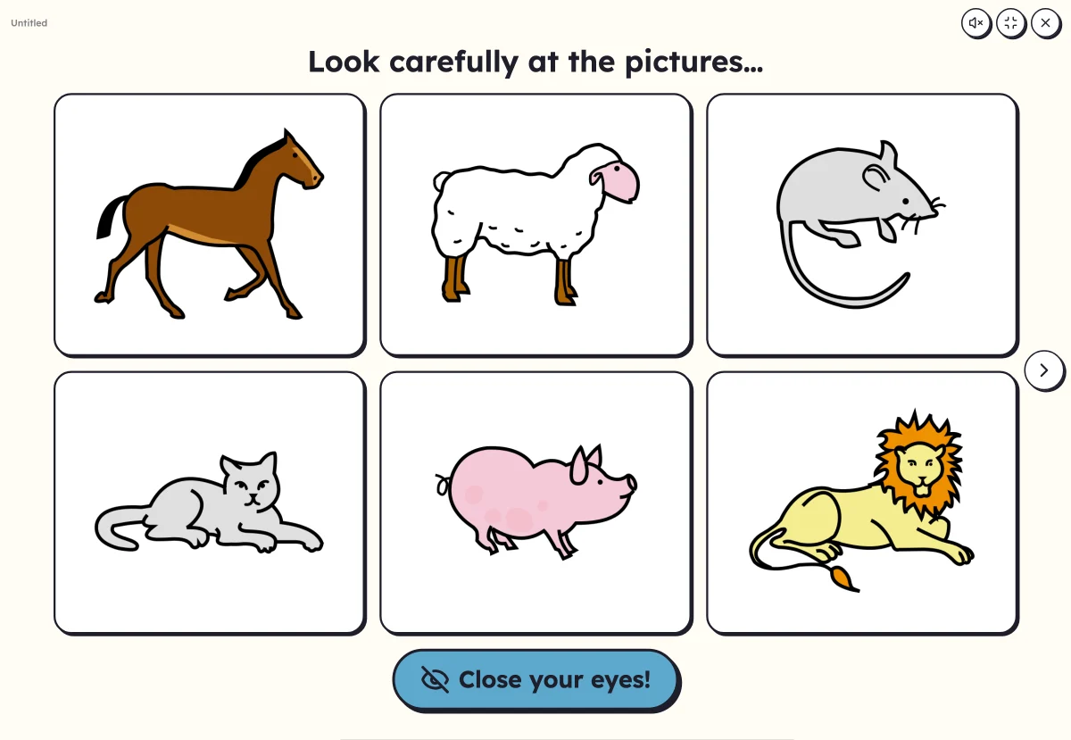 What's missing? on screen: six animal pictures to remember