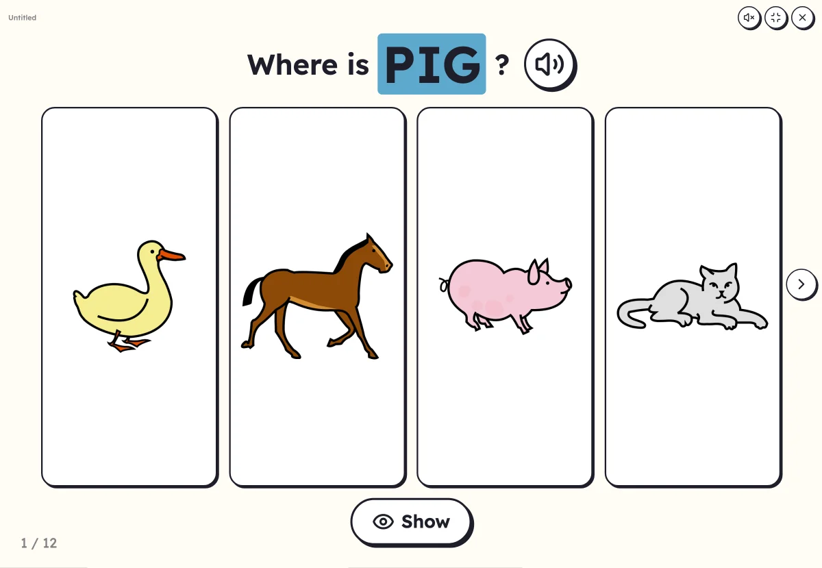 Where is…? on screen: four animal pictures and the word asked for