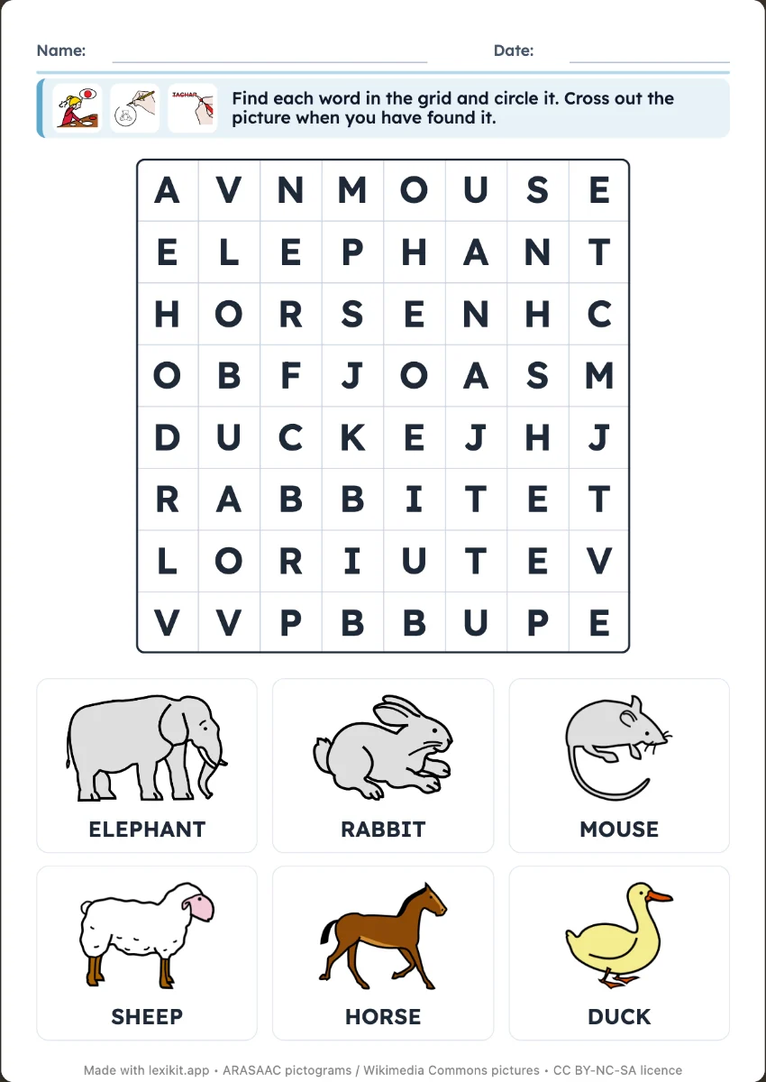 Word search grid with the illustrated word list