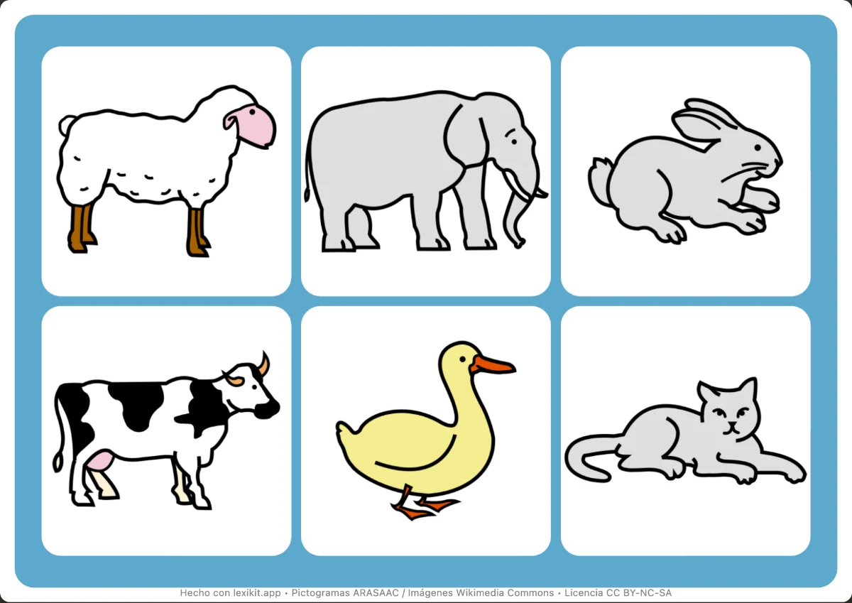 Cartón de bingo ilustrado con animales: gato, perro, conejo, vaca