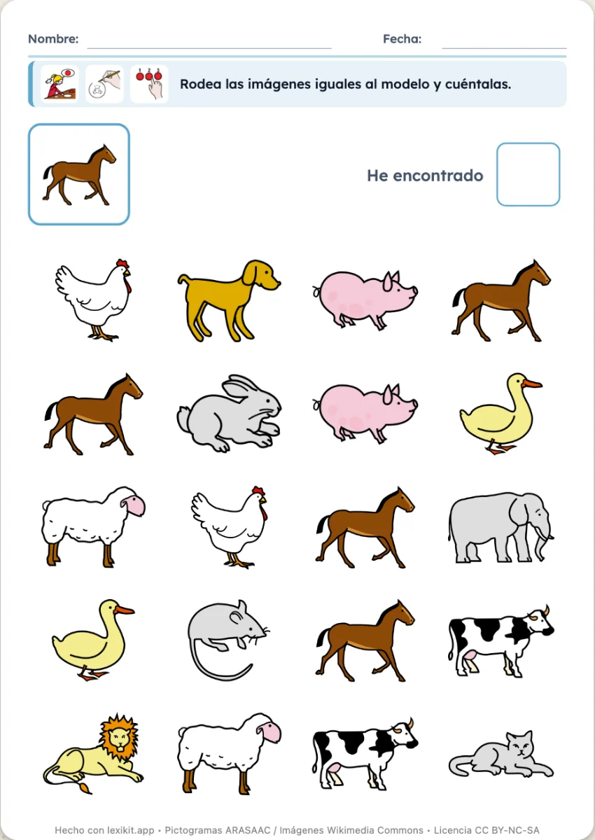 Cuadrícula de imágenes en la que hay que encontrar y rodear una imagen modelo