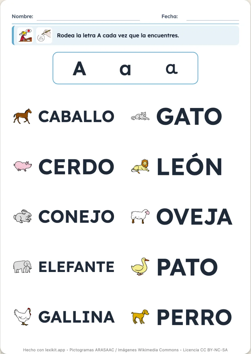 Ficha de caza de la letra con palabras ilustradas