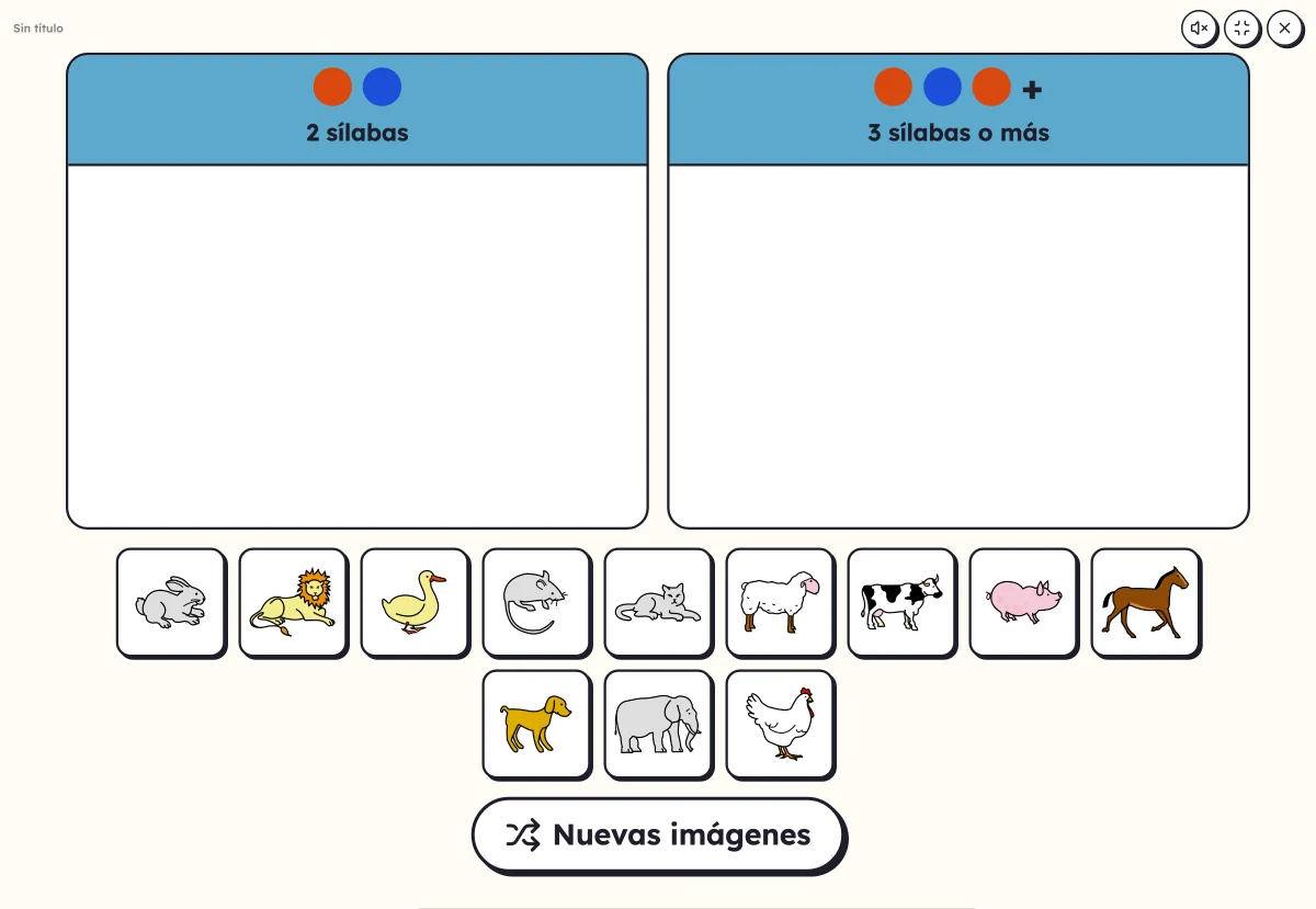 Clasificar en columnas en pantalla: animales para arrastrar según su número de sílabas