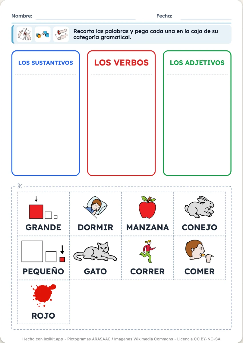 Ficha con las cajas de los sustantivos, los verbos y los adjetivos y las etiquetas para recortar