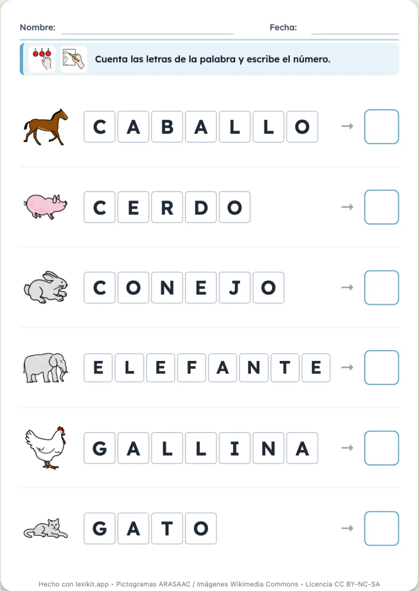 Ficha en la que se cuentan las letras de cada palabra