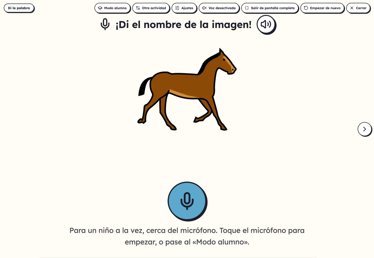 Di la palabra en pantalla: la consigna, la imagen de un animal y el micrófono que tocar