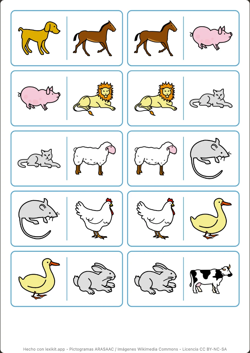 Hoja de fichas de dominó ilustradas con animales, listas para recortar