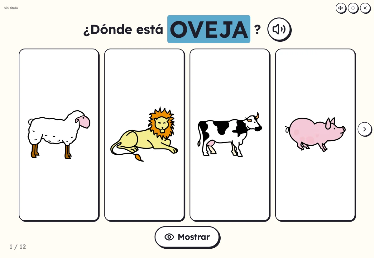 ¿Dónde está…? en pantalla: cuatro imágenes de animales y la palabra pedida