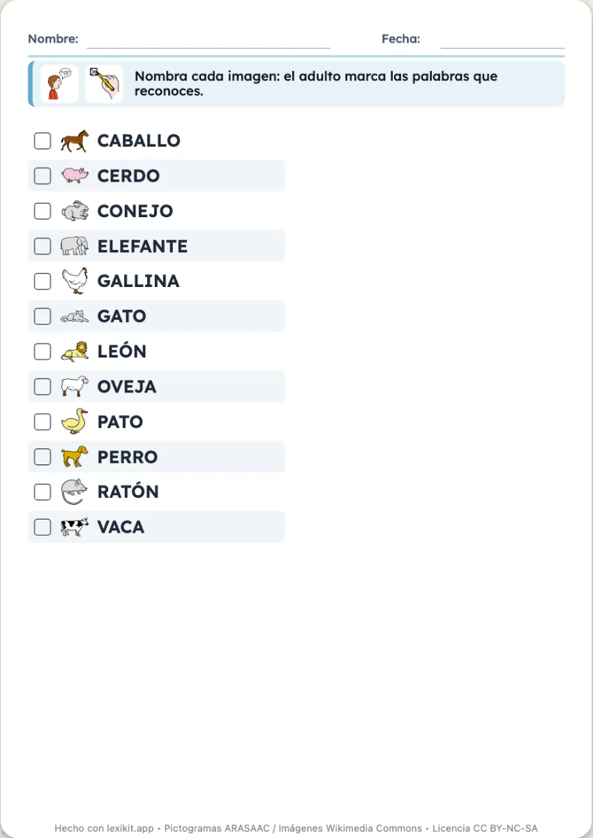 Tabla de evaluación con una palabra y casillas para marcar por fila