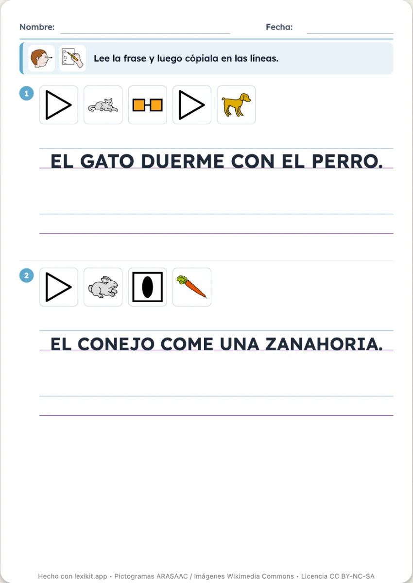 Ficha de escritura: una frase modelo en pauta y las líneas para copiarla
