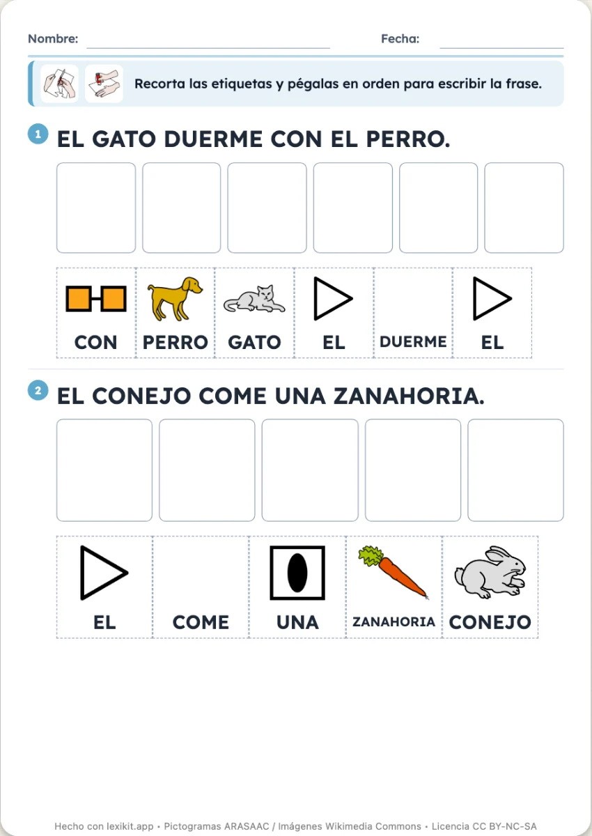 Ficha de frases: palabras mezcladas para recortar y pegar en orden