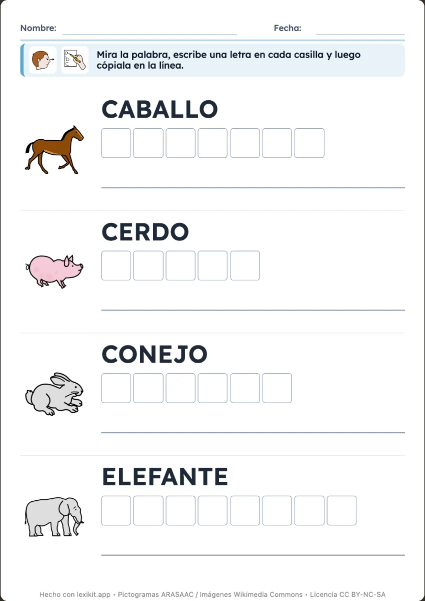 Ficha de escritura con imágenes, palabras modelo y líneas para escribir