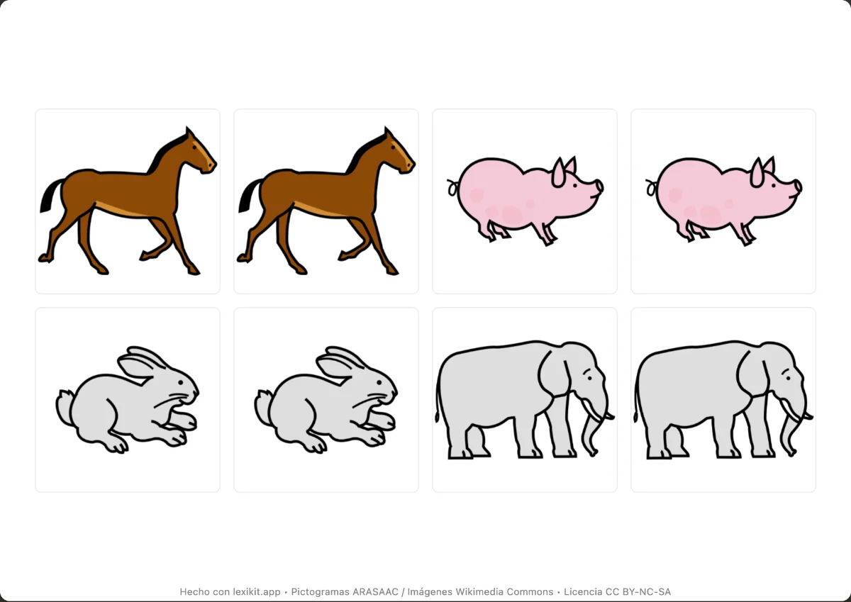 Página de juego de memoria con parejas de tarjetas de animales